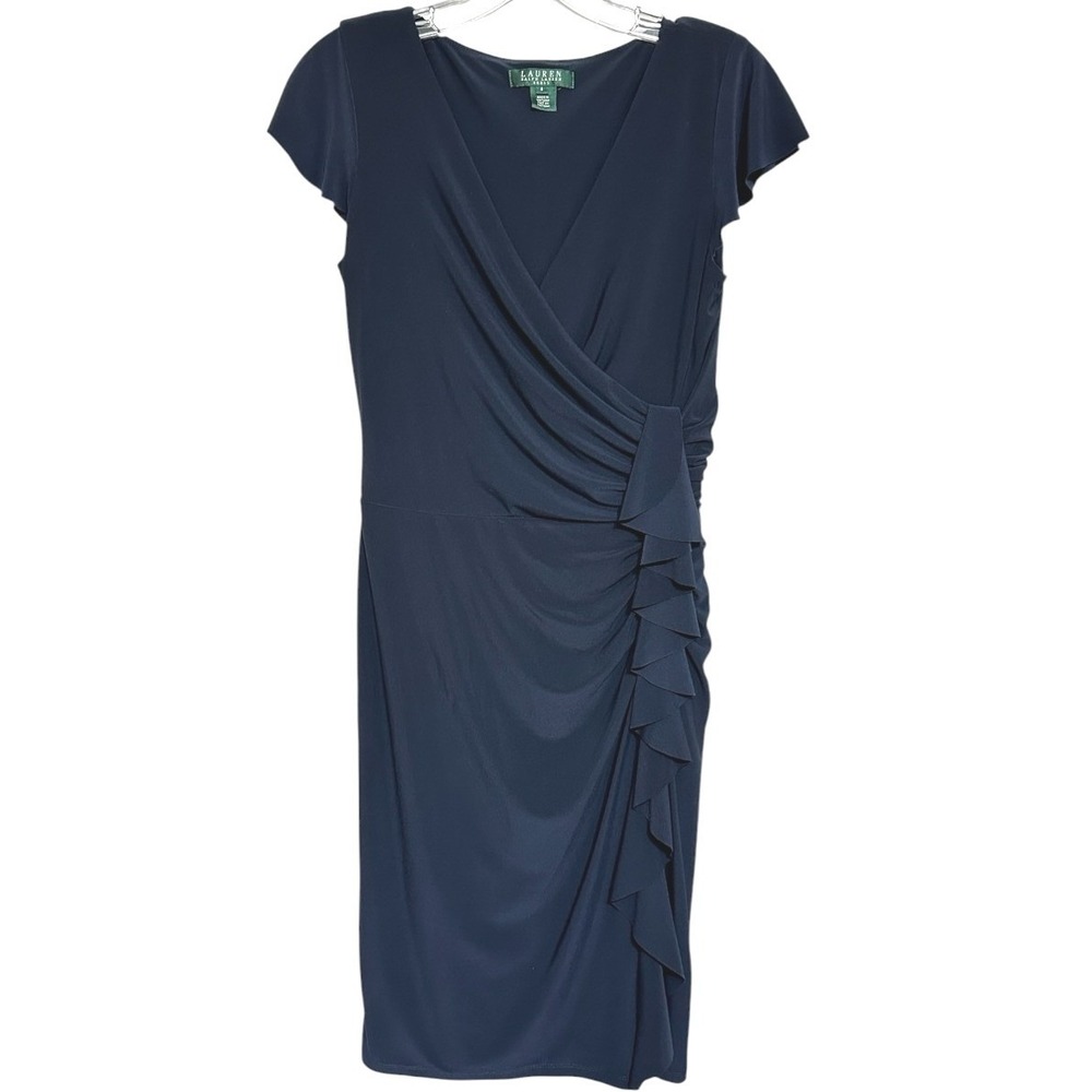 Lauren Ralph Lauren Sheath Dress Womens Navy Blue Ruffle Elegant Wedding Guest 6